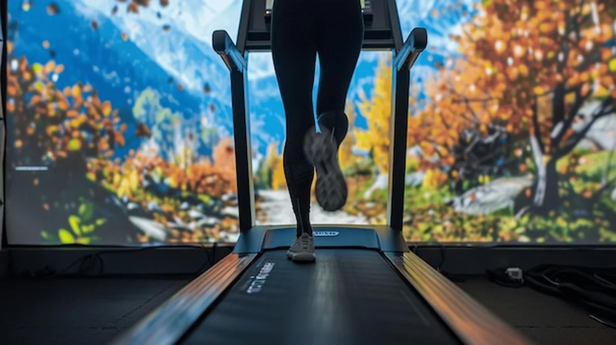 Osoba na bieżni z wirtualną ścieżką fitness na ekranie